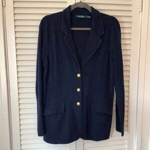 Lauren Ralph Lauren knit blazer navy blue gold buttons women's large cotton
